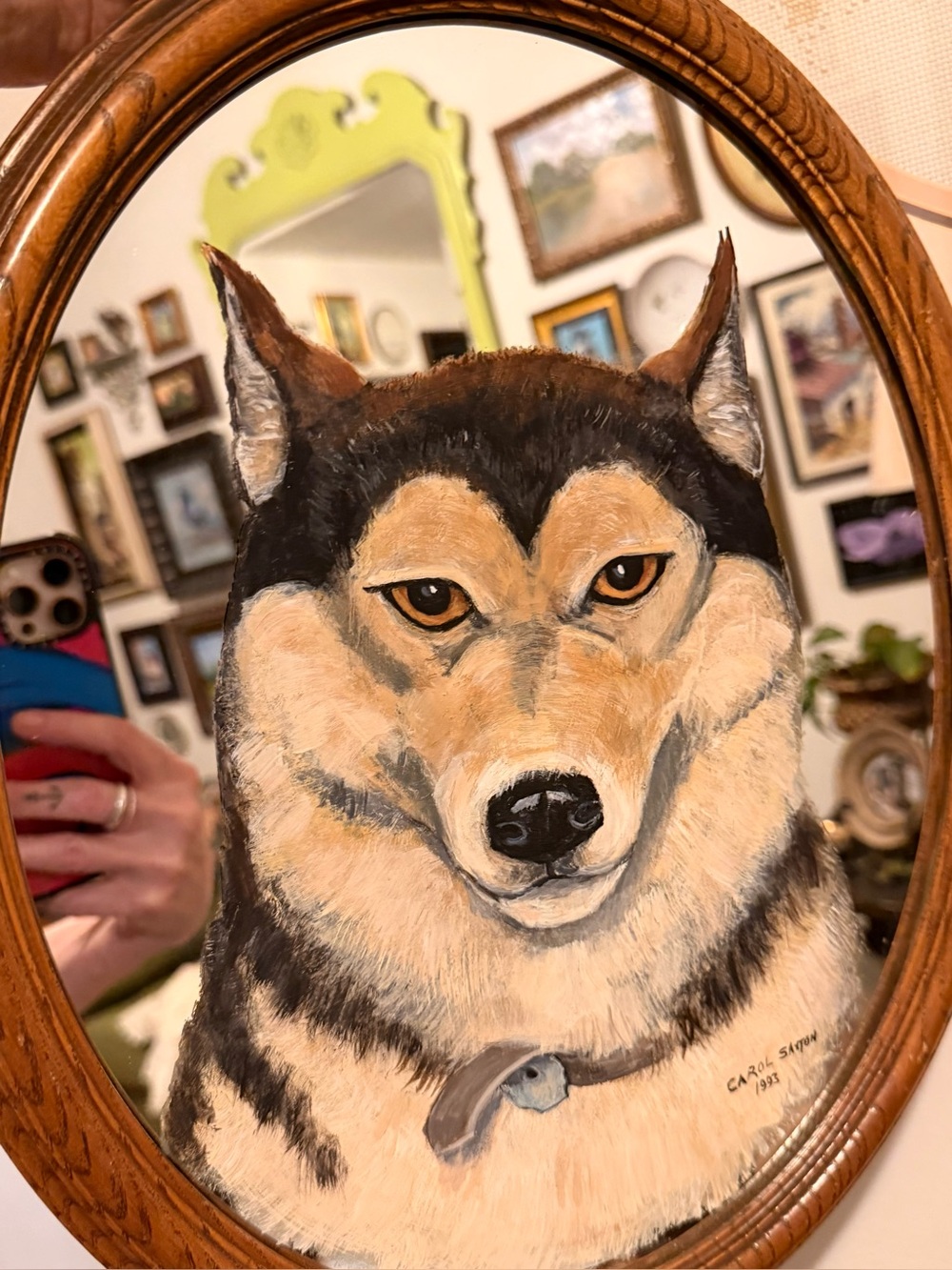 VINTAGE! 90's Handpainted Huskey Dog on Mirror. Super Cool🔥